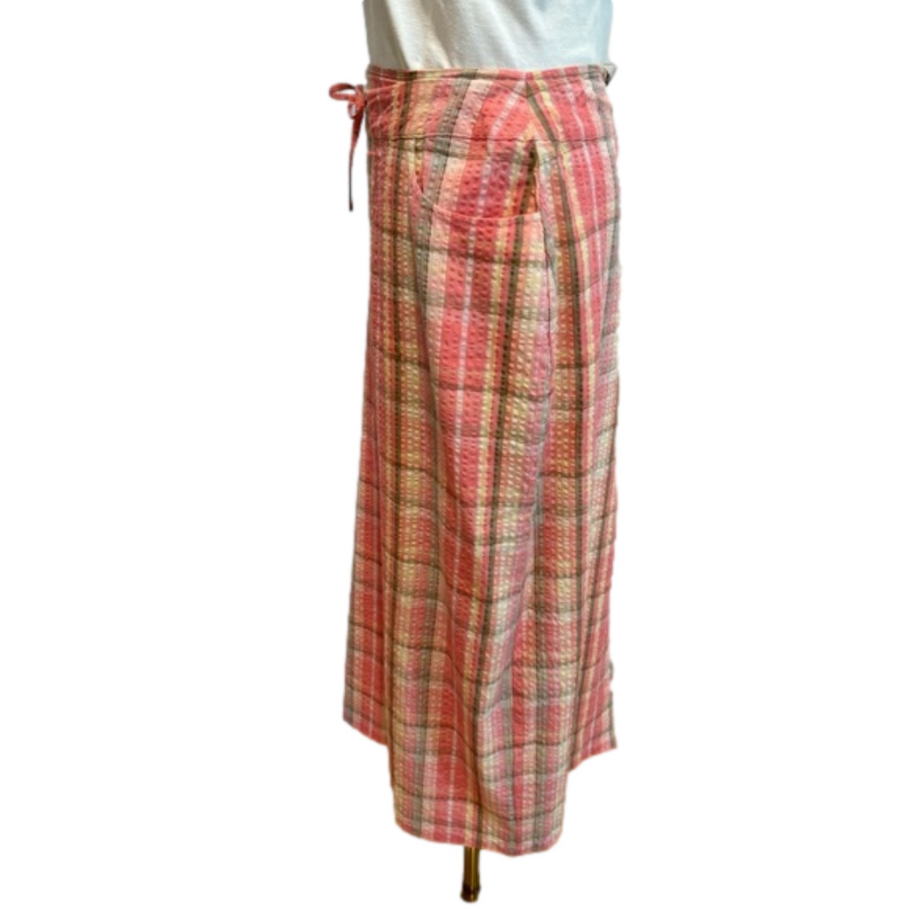 J PETERMAN 90s PINK & OLIVE GREEN PLAID SEERSUCKER PENCIL MIDI SKIRT SZ 12 - Picture 3 of 9
